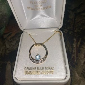 Real blue topaz& diamond 18k gold necklace